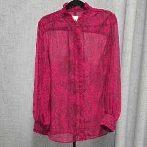 Chico's Vibrant Pink Snakeskin Pattern Sheer Blouse With Ruffles Size 12=Chicos2
